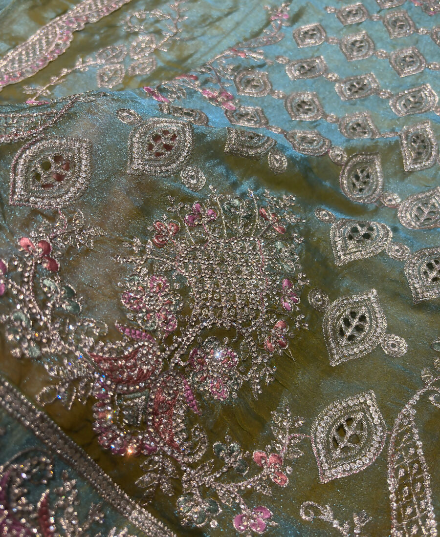 KC Heavy Embroidery Worked Two Ton Moss Silk Parrot Green Suit For Women