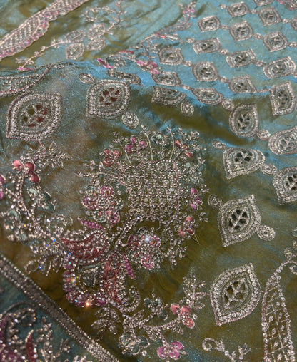 KC Heavy Embroidery Worked Two Ton Moss Silk Parrot Green Suit For Women