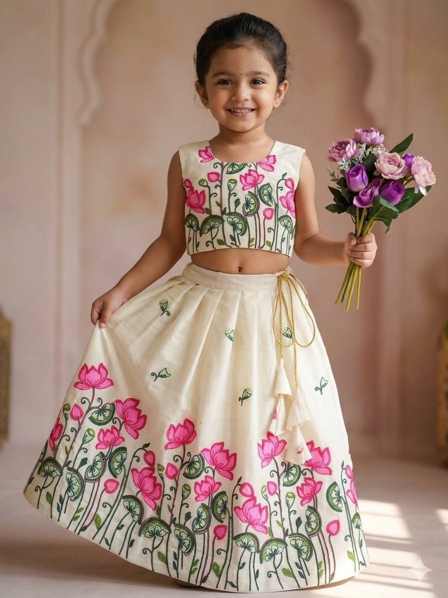 Teeya Creation New Latest Trendy Girls Off-White Lotus Floral Printed Silk Lehenga Choli Set With Tassels-White