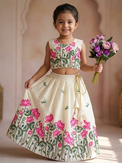 Teeya Creation New Latest Trendy Girls Off-White Lotus Floral Printed Silk Lehenga Choli Set With Tassels-White