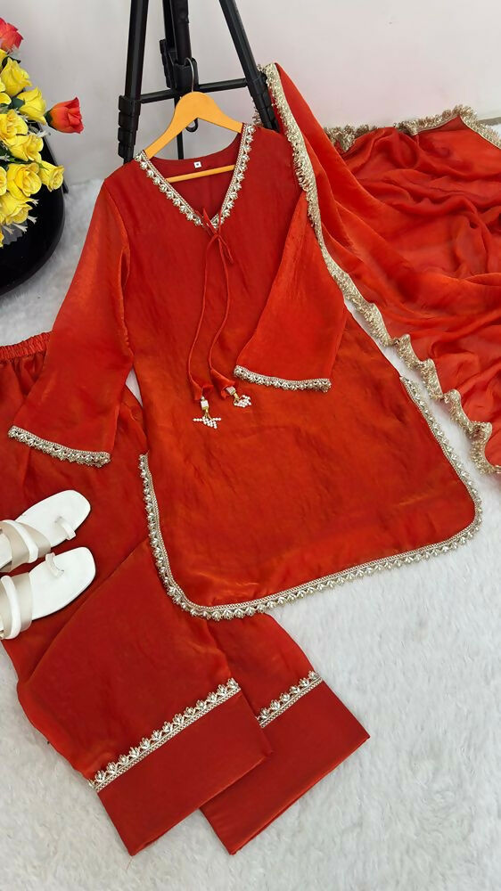 Teeya Creation New Trendy Elegant Orange Chanderi Silk Kurta Set with Delicate Lace Detailing and Matching Dupatta