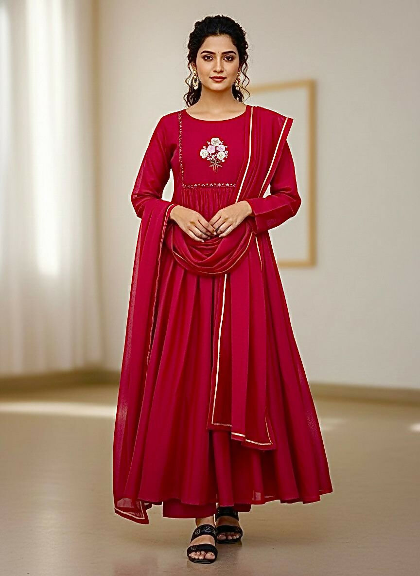 Teeya Creation Womens New Simply Wear Pure Mul Viscos Chanderi Cotton Red Gown Set