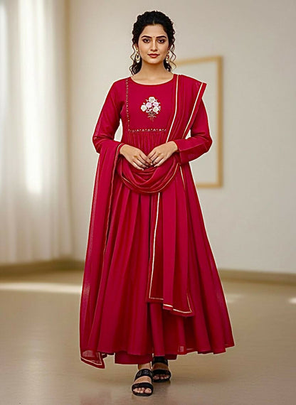 Teeya Creation Womens New Simply Wear Pure Mul Viscos Chanderi Cotton Red Gown Set