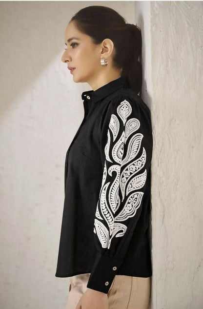 Teeya Creation Women Trendy Black Cotton Button-Down Top with White Contrast Embroidered Sleeves