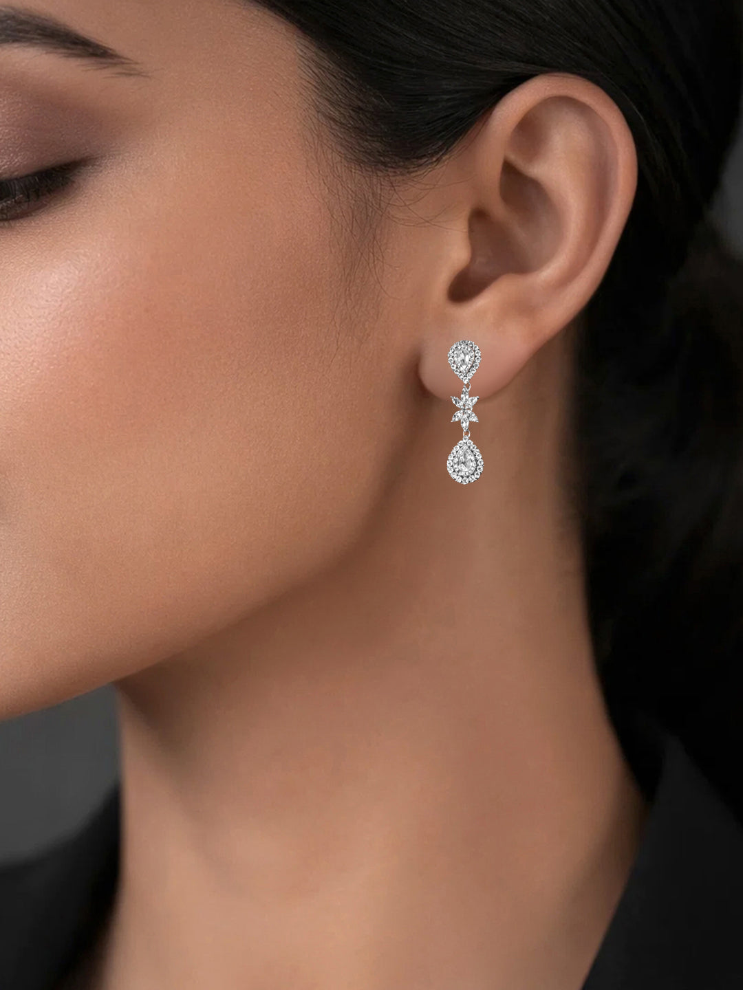 925 Fine Silver Floral Teardrop Drop Earrings