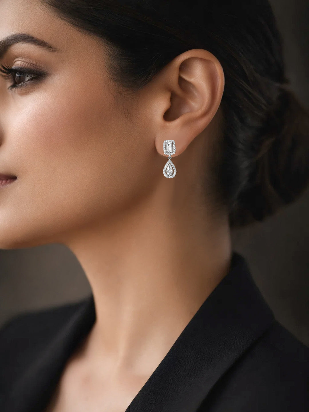 925 Fine Silver American Diamond Double Drop Earrings