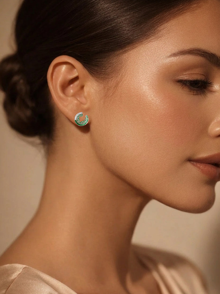 925 Fine Silver Emerald Crystal Crescent Stud Earrings