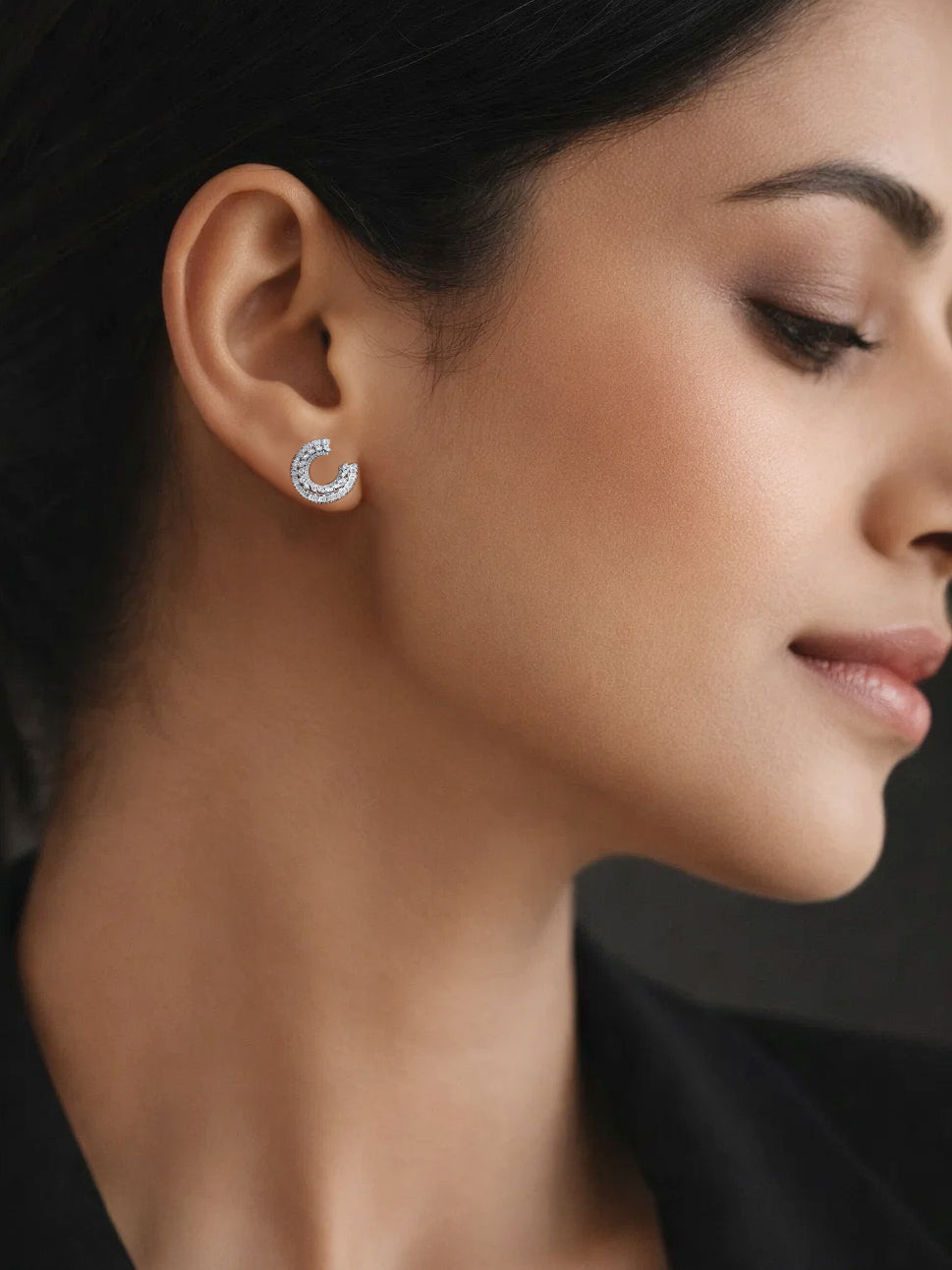 925 Fine Silver Zirconia Crescent Statement Stud Earrings