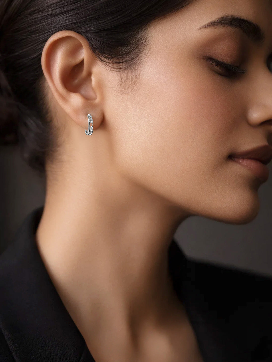 925 Fine Silver Minimal Crystal Half-Hoop Earrings