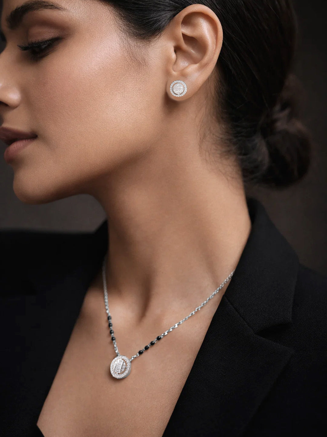 925 Fine Silver Solitaire Diamond Mangalsutra Set