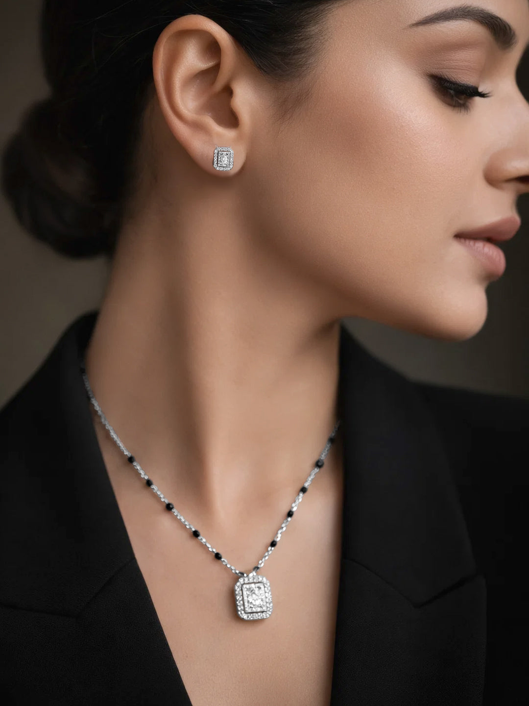 925 Fine Silver Diamond Frame Mangalsutra Set