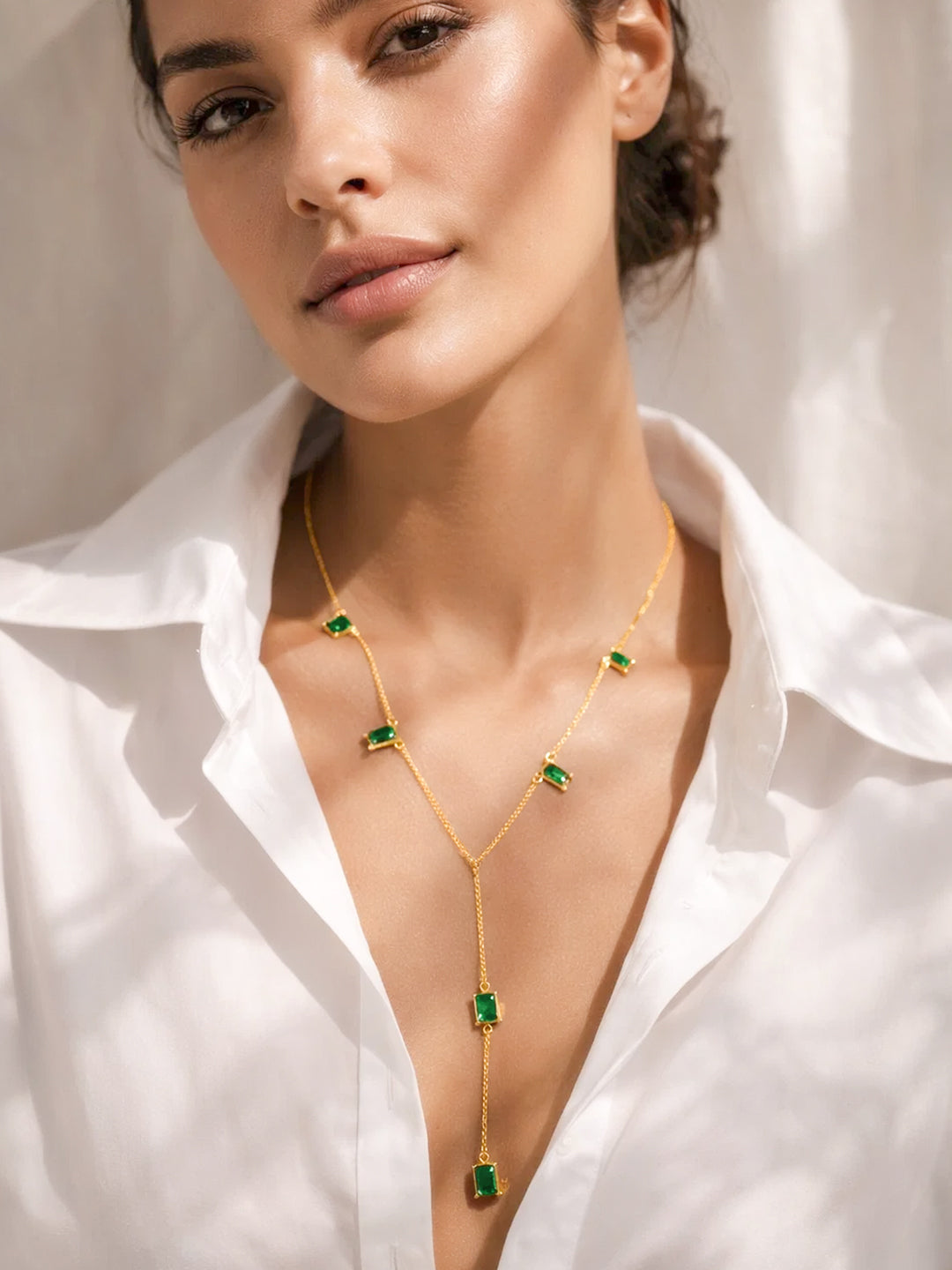 925 Fine Silver Emerald Drop Y-Shape Necklace