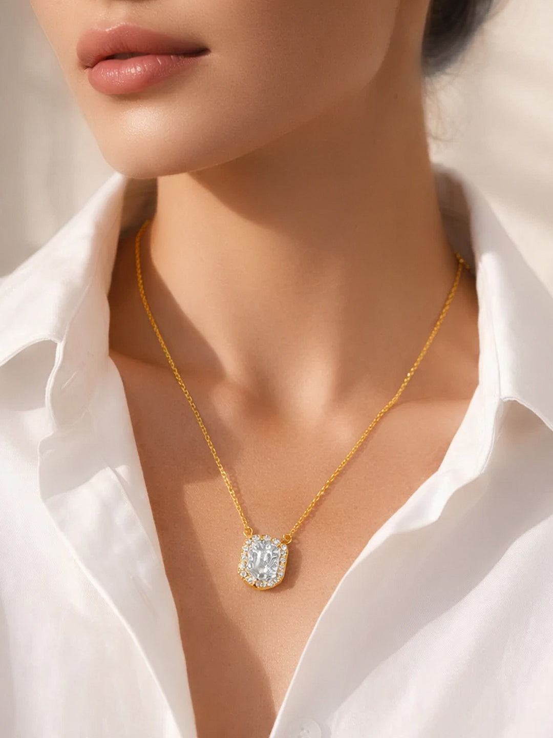 925 Fine Silver Cushion Halo Diamond Pendant Necklace