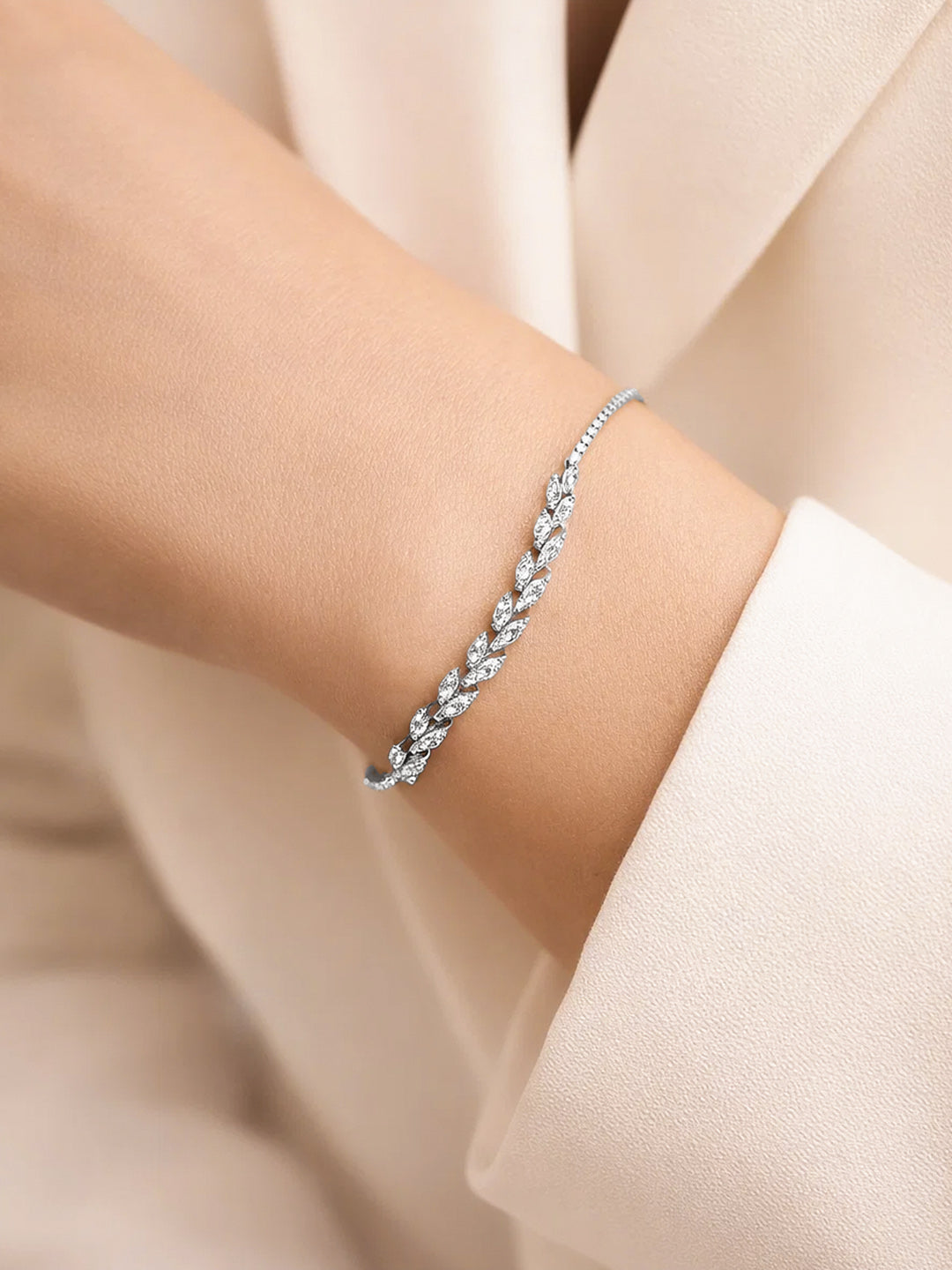 925 Fine Silver Crystal Leaf Vine Chain Bracelet