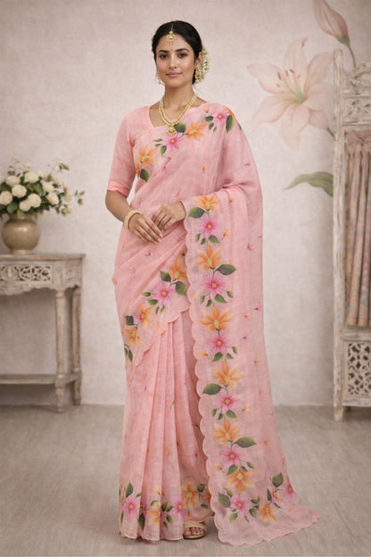Sangam Prints Pink Cotton Print Woven Work Traditional Saree
