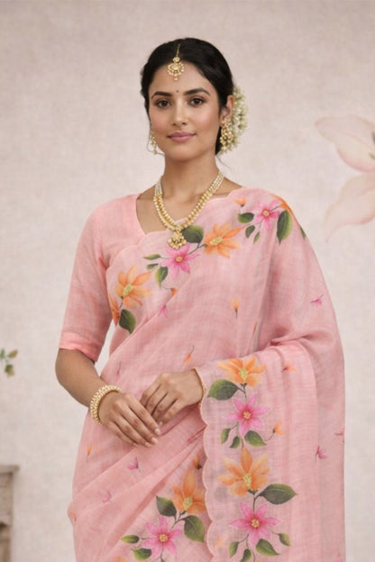 Sangam Prints Pink Cotton Print Woven Work Traditional Saree