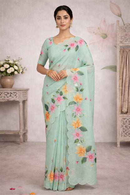 Sangam Prints Sea Green Cotton Print Woven Work Traditional Saree