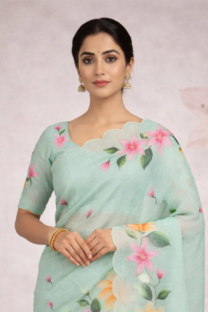 Sangam Prints Sea Green Cotton Print Woven Work Traditional Saree