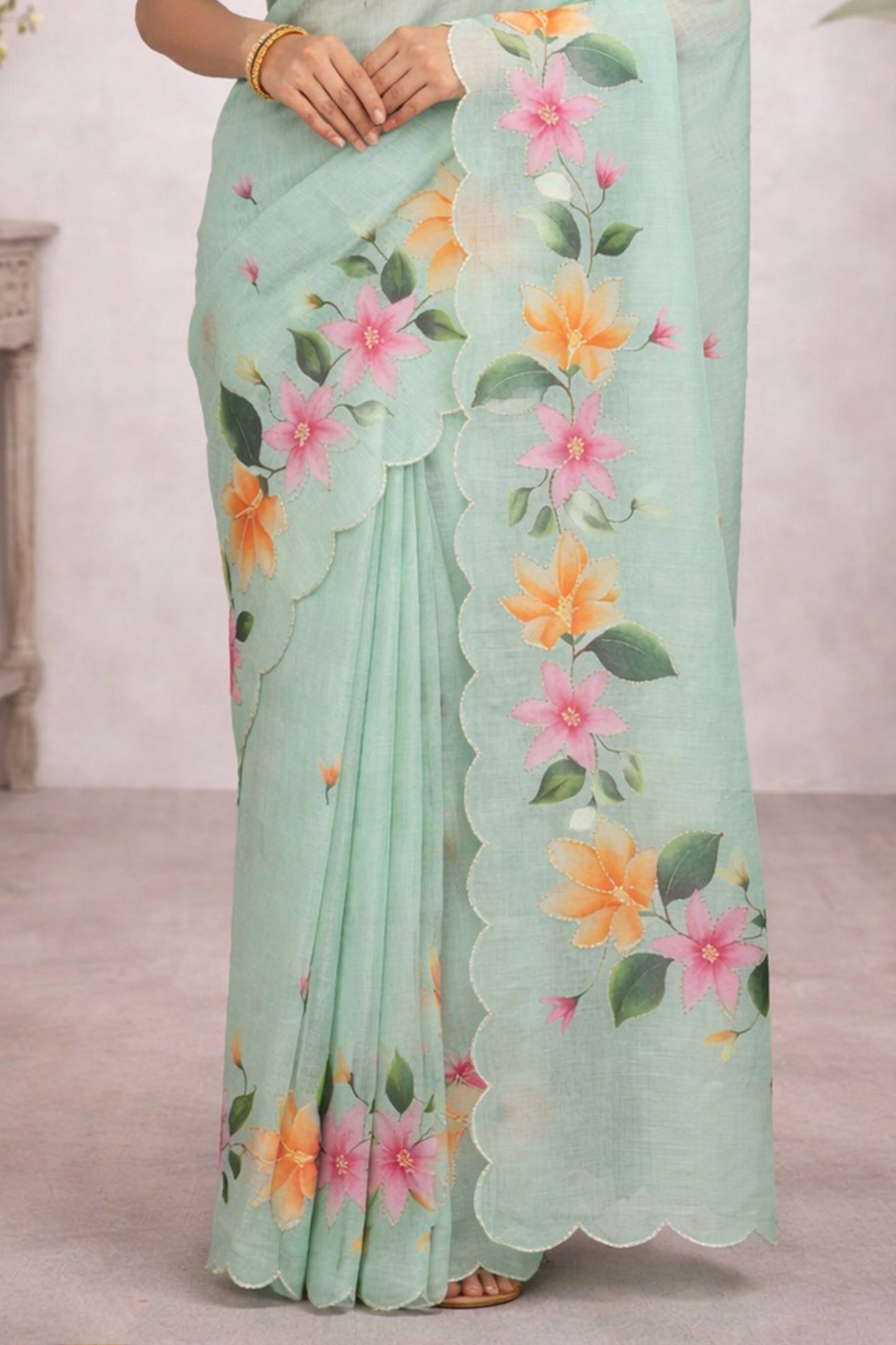 Sangam Prints Sea Green Cotton Print Woven Work Traditional Saree