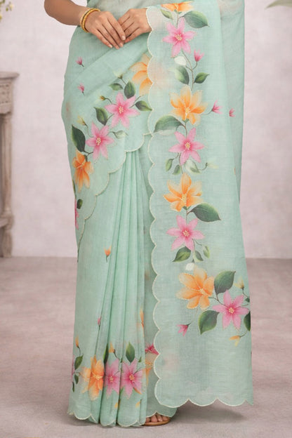 Sangam Prints Sea Green Cotton Print Woven Work Traditional Saree
