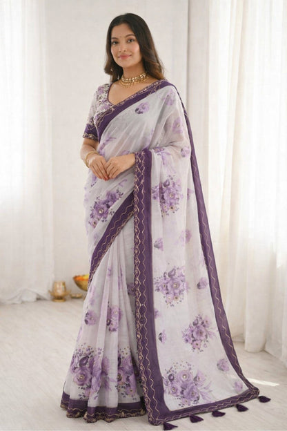 Sangam Prints Dark Purple Cotton Print With Aari Work Woven Work Traditional Saree