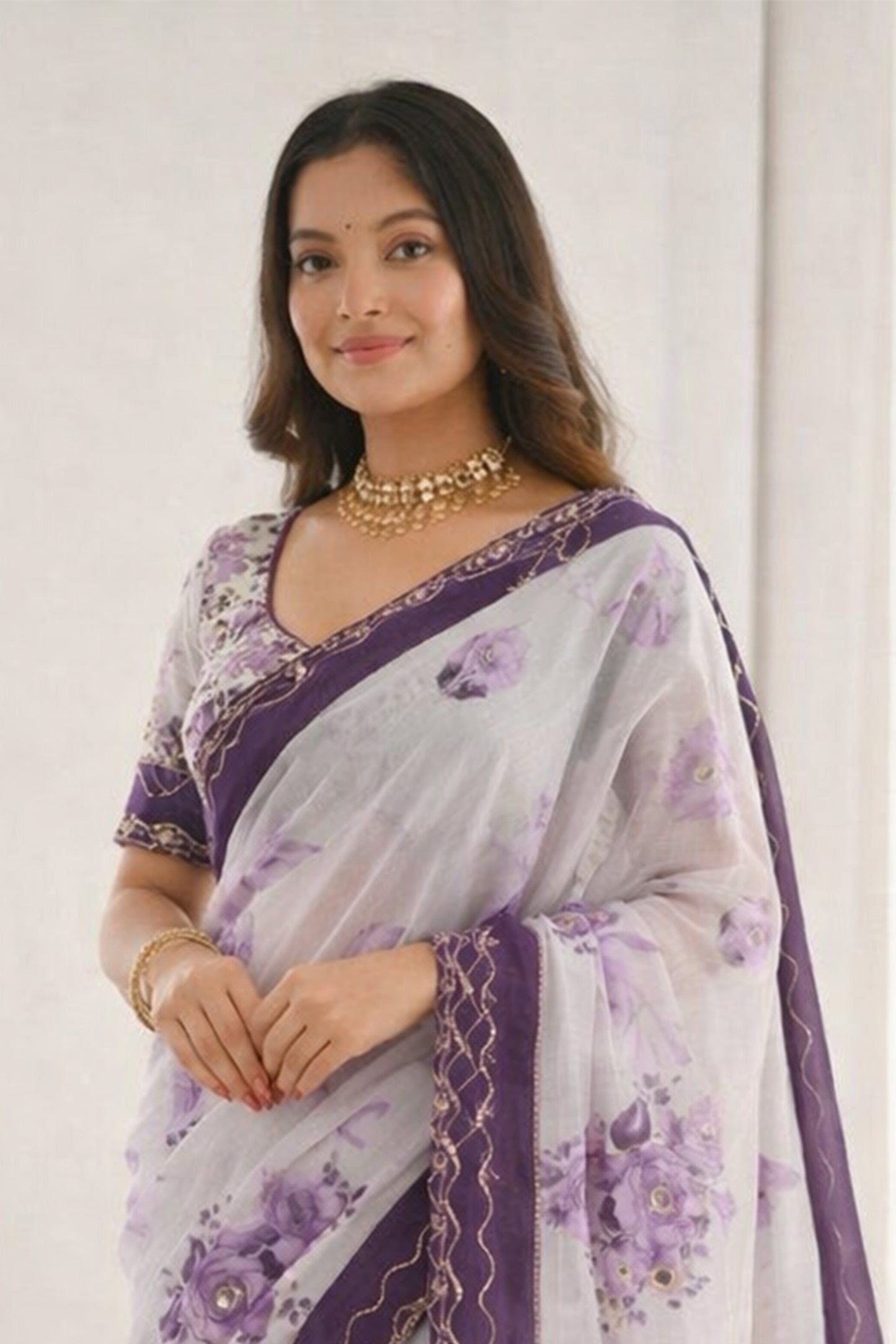 Sangam Prints Dark Purple Cotton Print With Aari Work Woven Work Traditional Saree