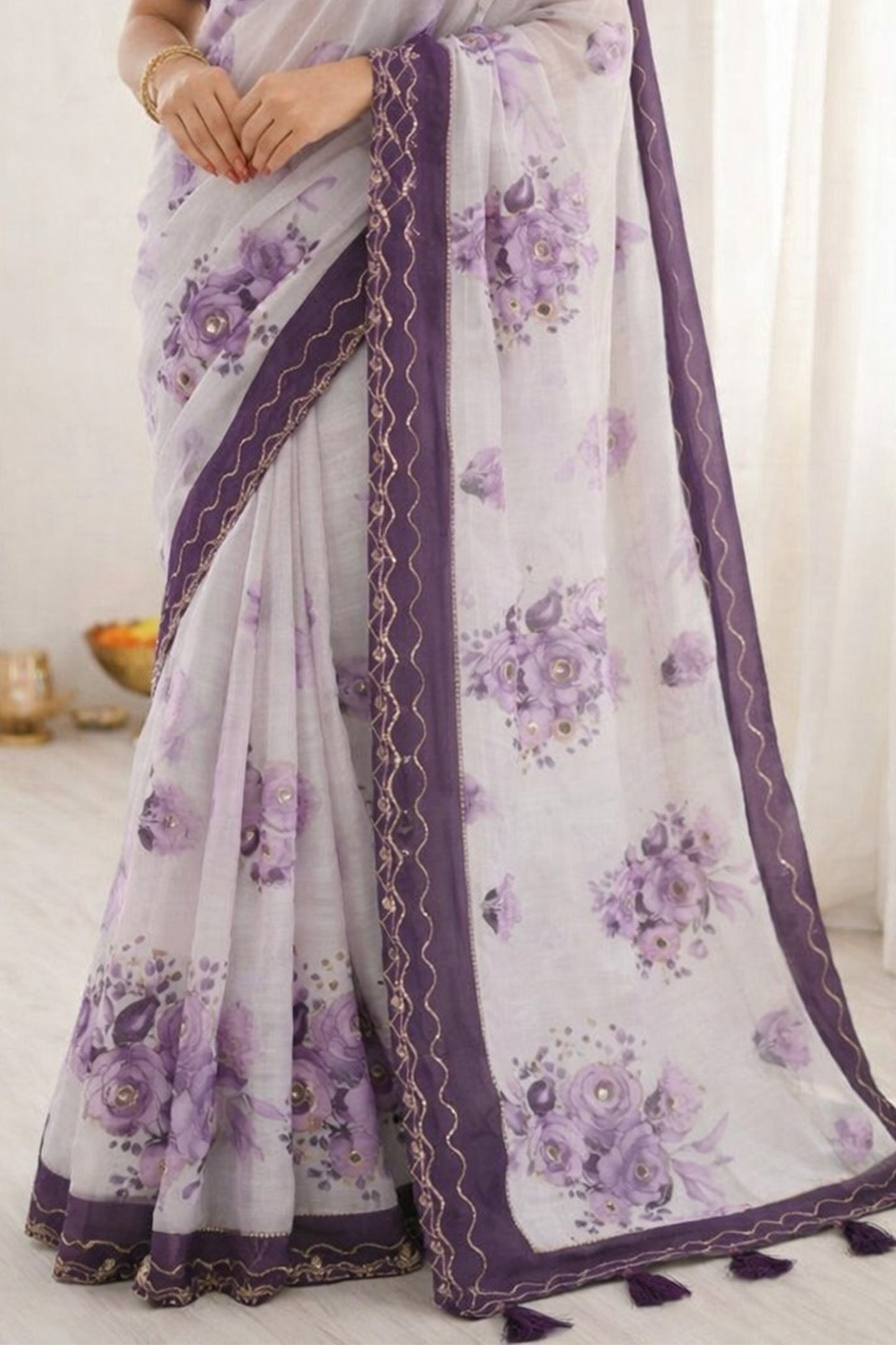 Sangam Prints Dark Purple Cotton Print With Aari Work Woven Work Traditional Saree