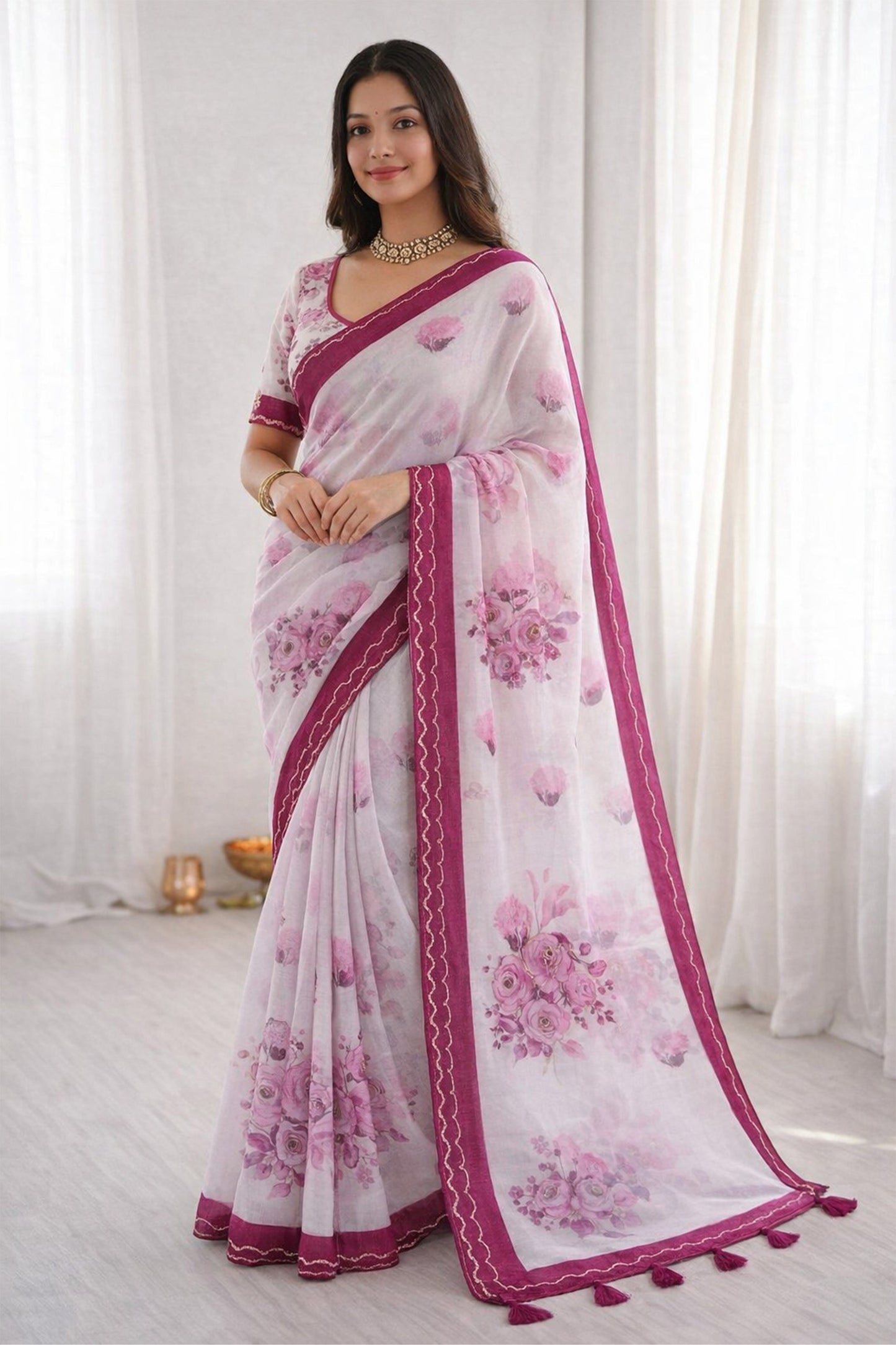 Sangam Prints Pink Cotton Print With Aari Work Woven Work Traditional Saree