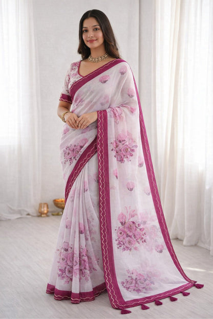 Sangam Prints Pink Cotton Print With Aari Work Woven Work Traditional Saree