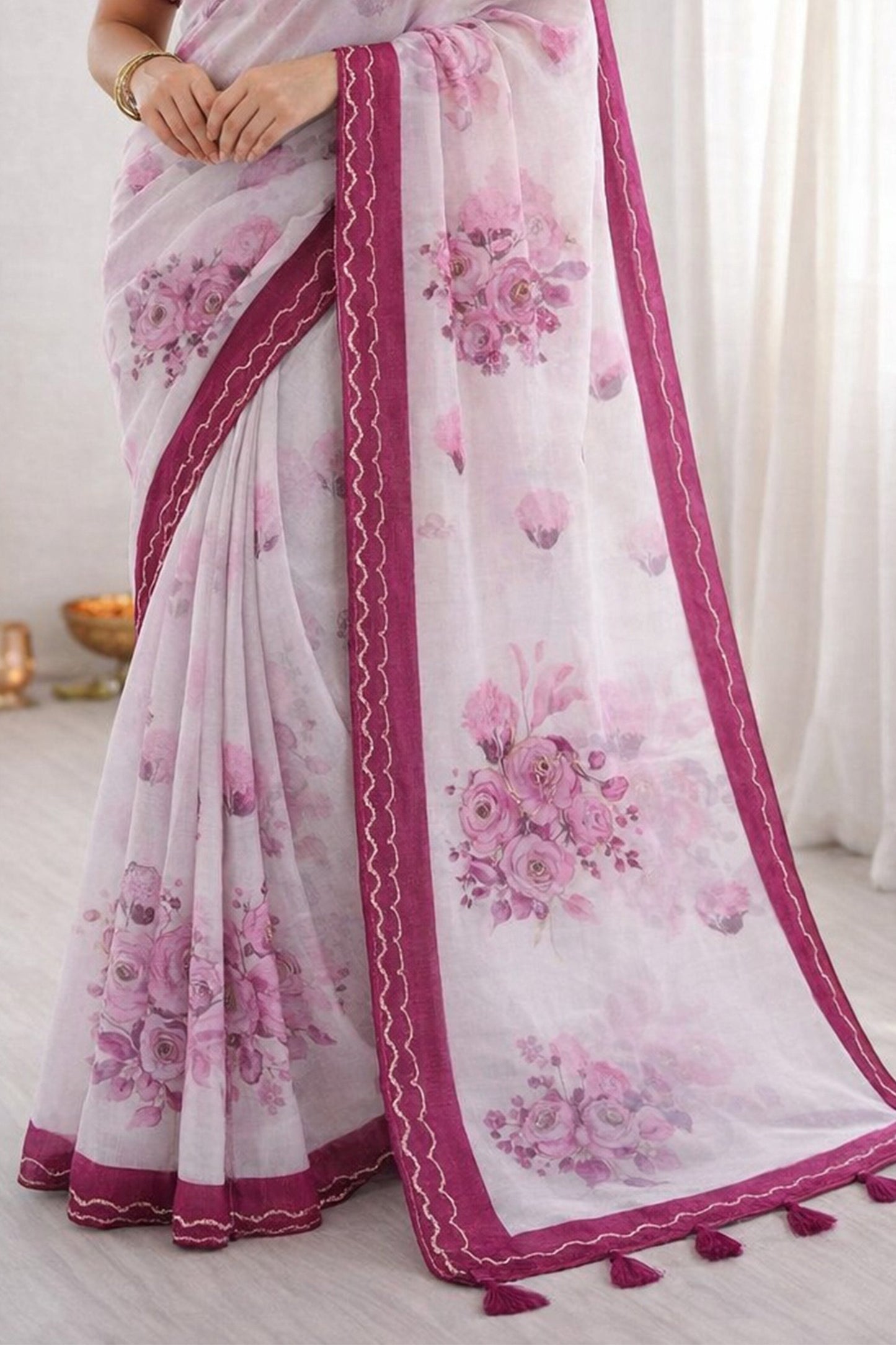 Sangam Prints Pink Cotton Print With Aari Work Woven Work Traditional Saree