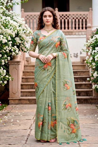 Sangam Prints Grey Cotton Print With Aari Work Woven Work Traditional Saree