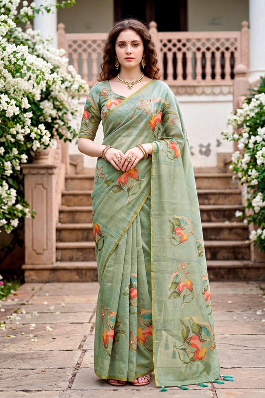 Sangam Prints Grey Cotton Print With Aari Work Woven Work Traditional Saree