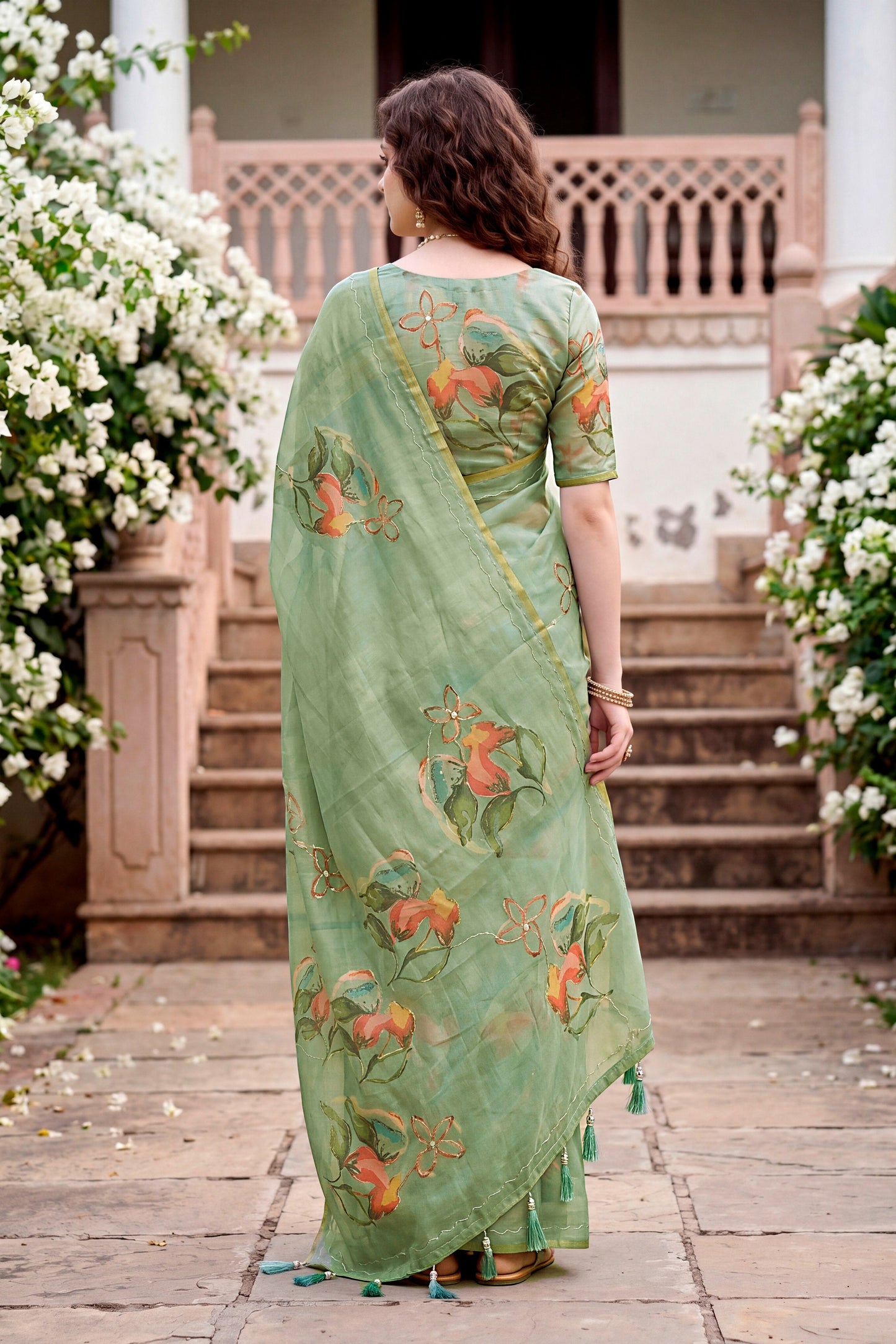 Sangam Prints Grey Cotton Print With Aari Work Woven Work Traditional Saree