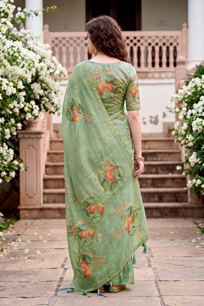 Sangam Prints Grey Cotton Print With Aari Work Woven Work Traditional Saree