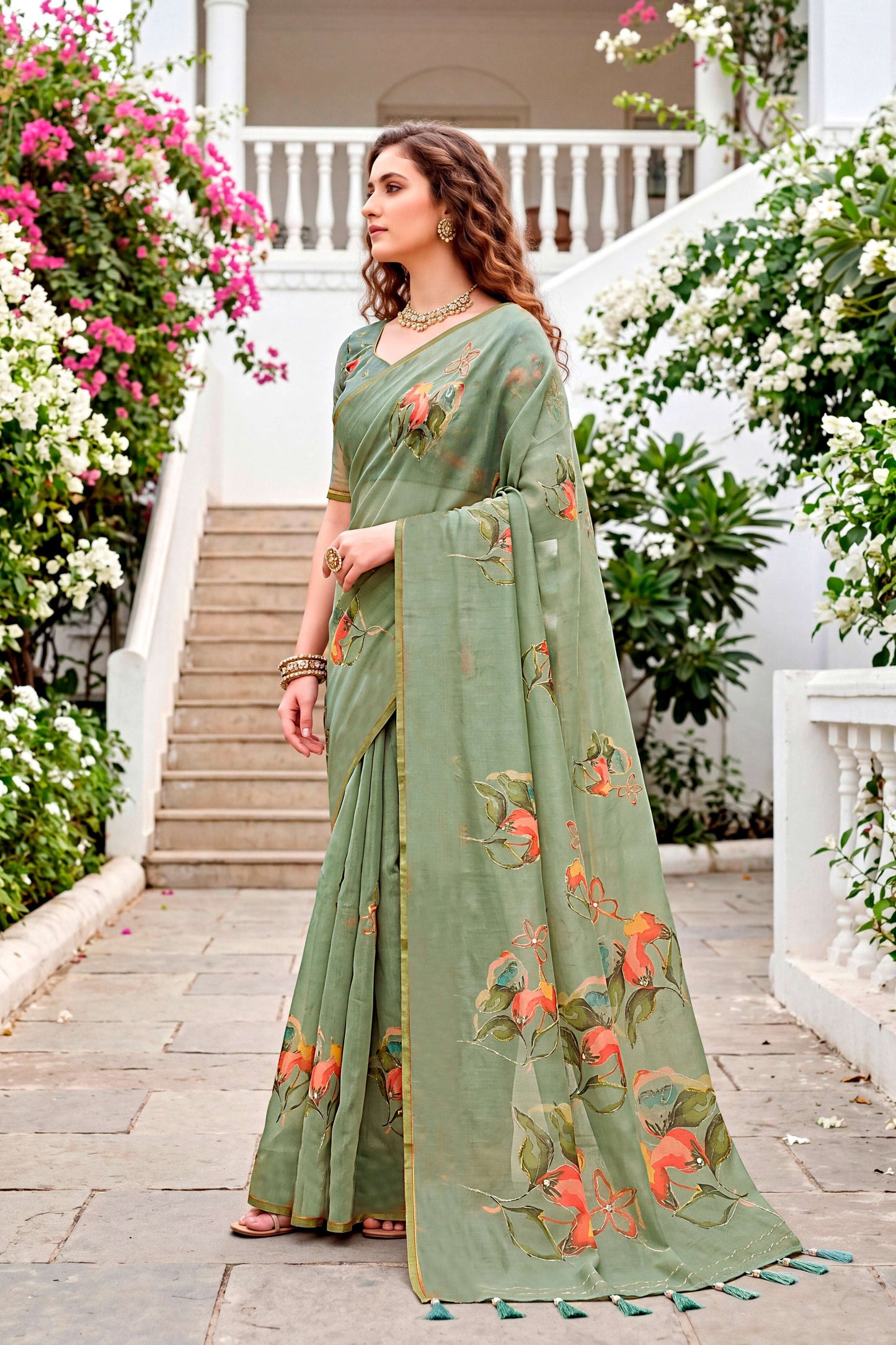 Sangam Prints Grey Cotton Print With Aari Work Woven Work Traditional Saree