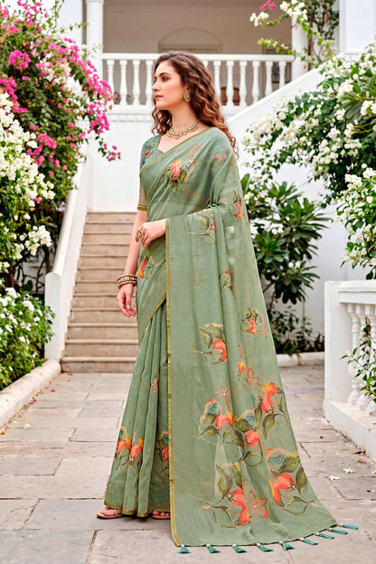 Sangam Prints Grey Cotton Print With Aari Work Woven Work Traditional Saree