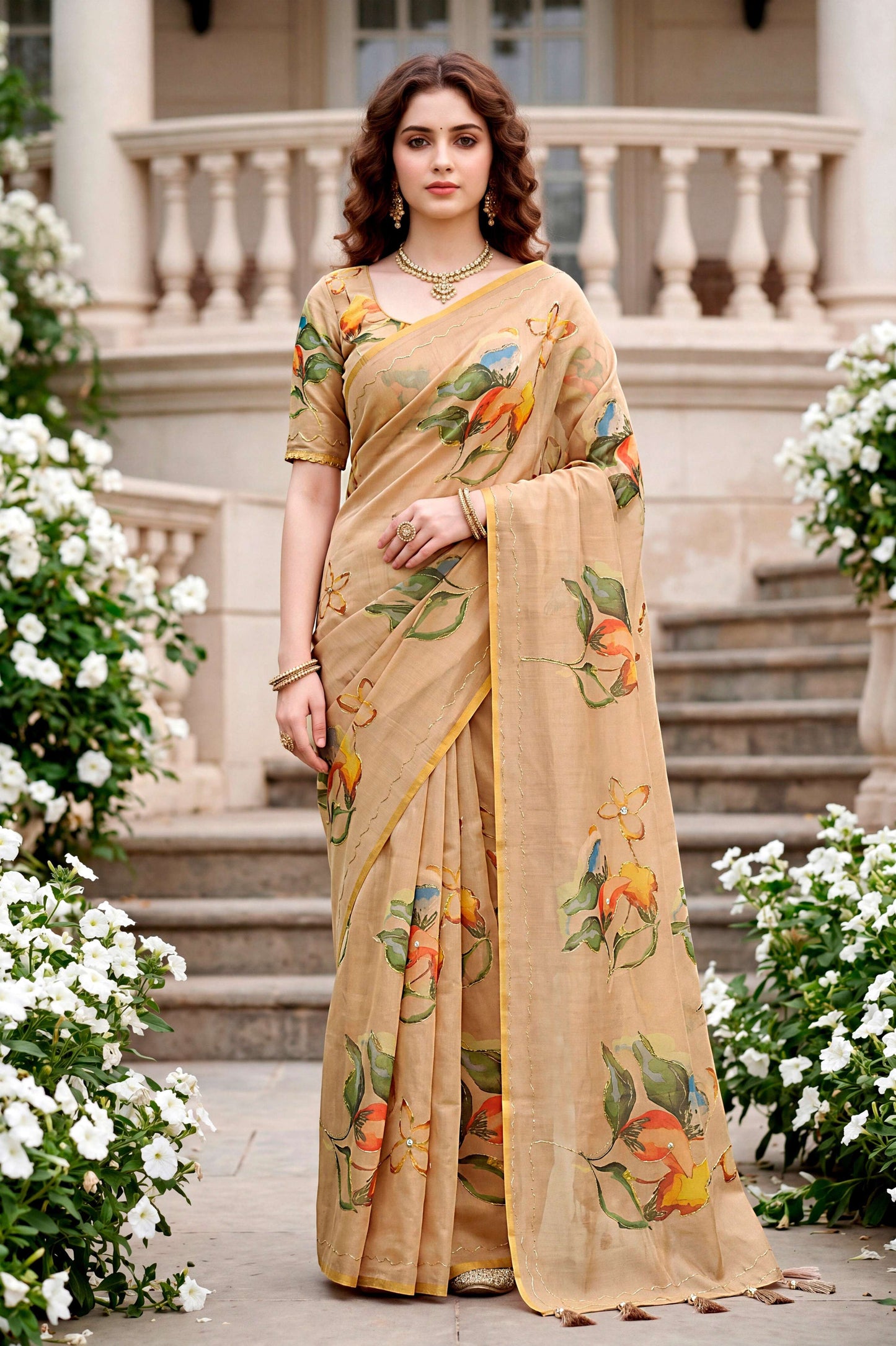 Sangam Prints Beige Cotton Print With Aari Work Woven Work Traditional Saree