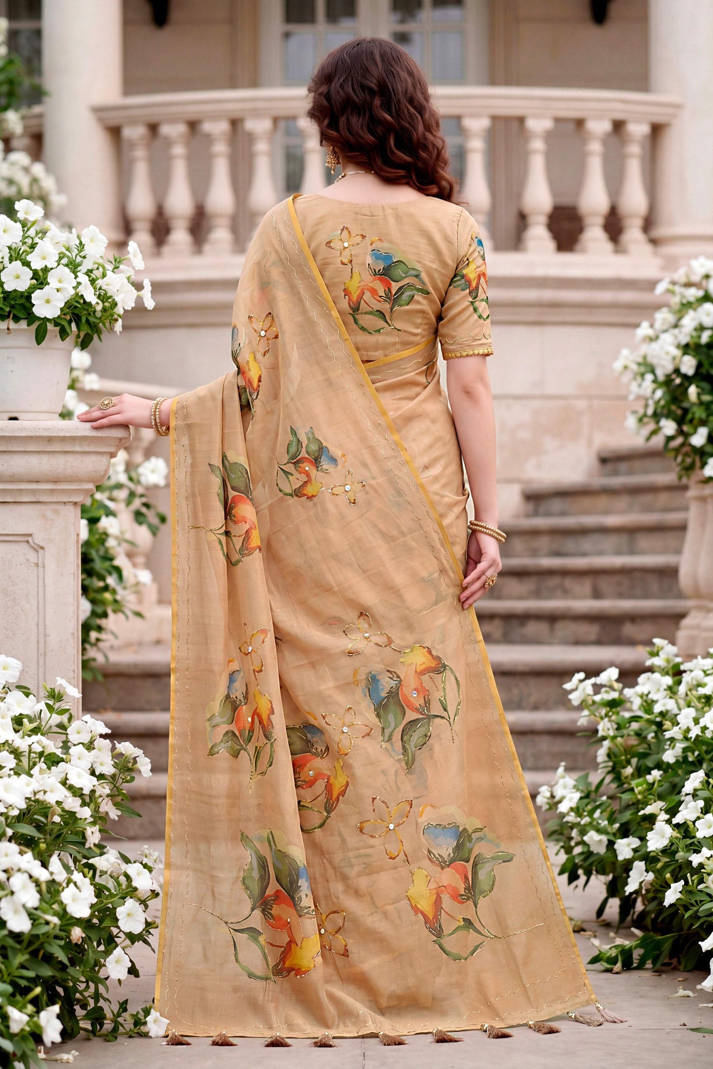Sangam Prints Beige Cotton Print With Aari Work Woven Work Traditional Saree