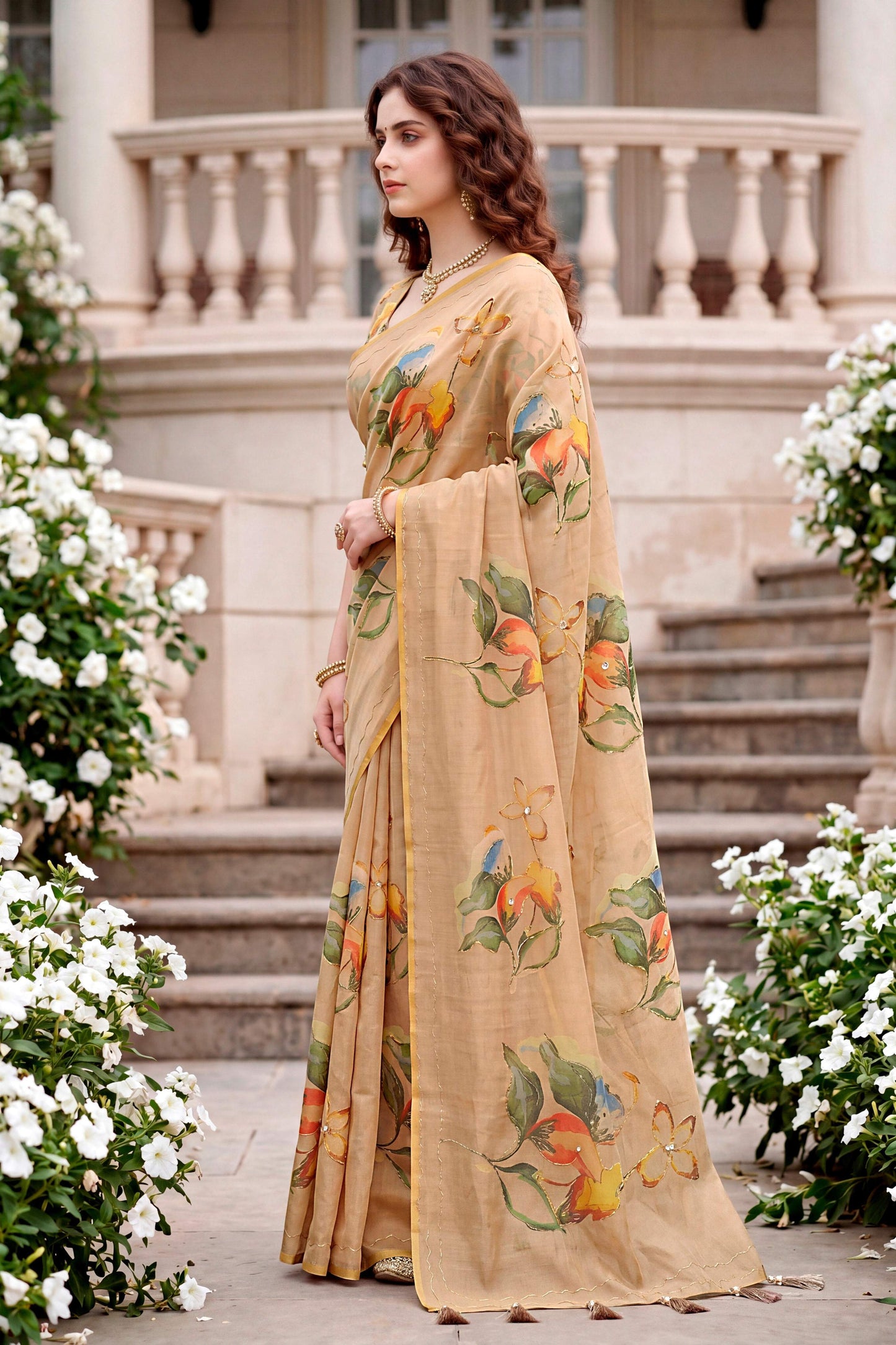 Sangam Prints Beige Cotton Print With Aari Work Woven Work Traditional Saree