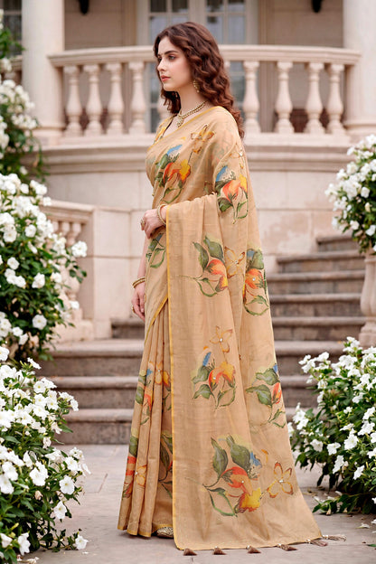 Sangam Prints Beige Cotton Print With Aari Work Woven Work Traditional Saree
