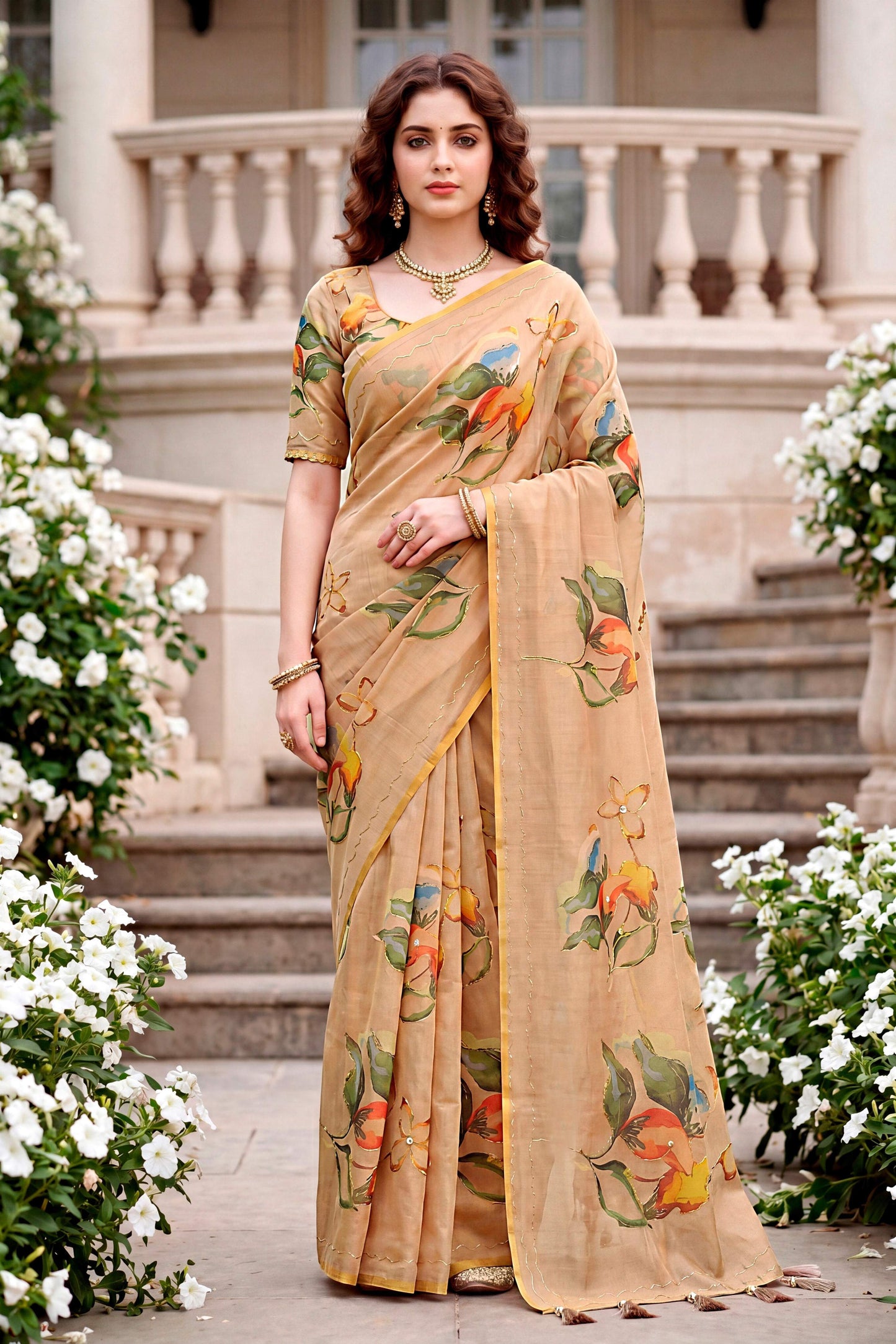 Sangam Prints Beige Cotton Print With Aari Work Woven Work Traditional Saree