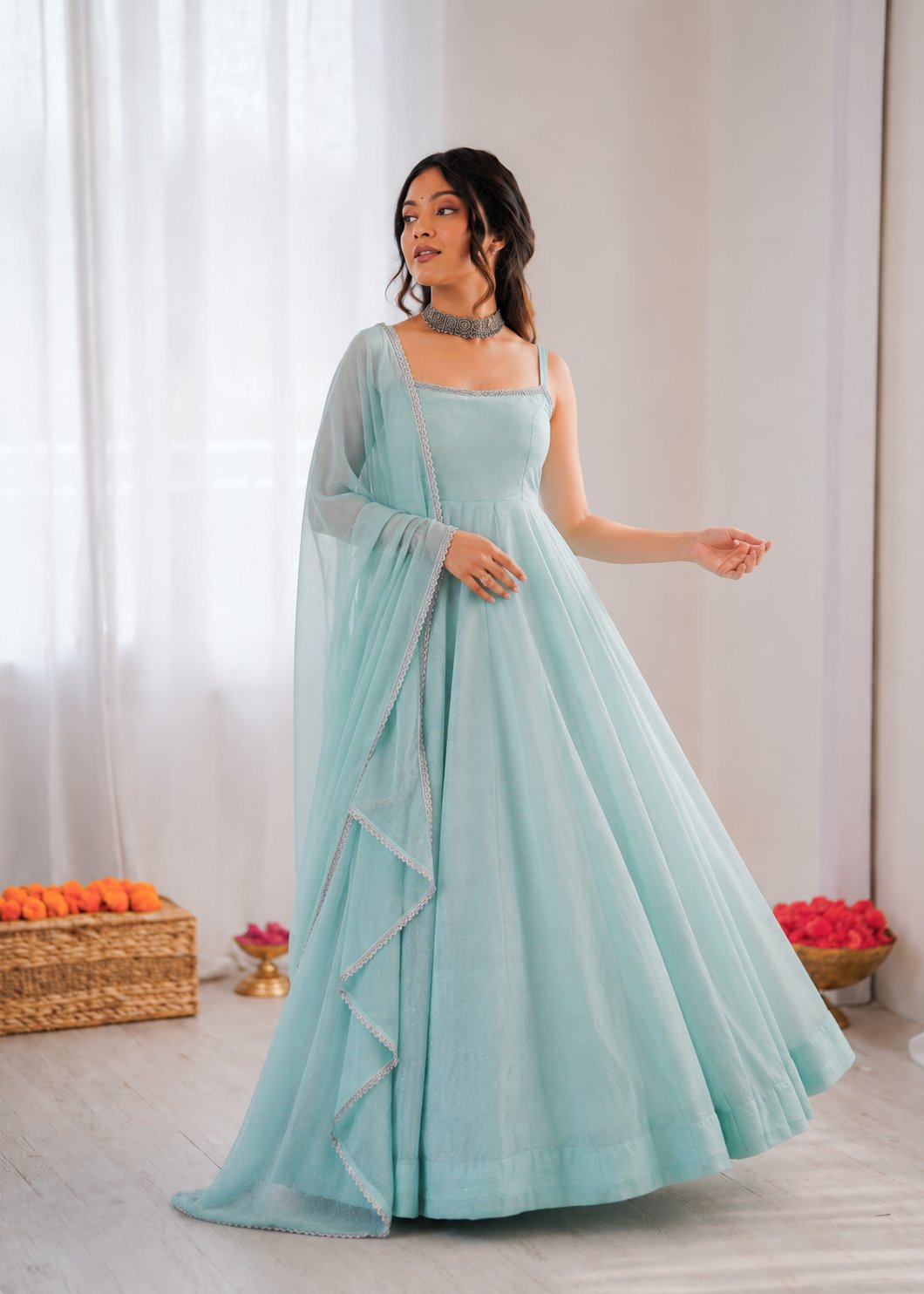 Prazu Fashion Sky Blue Art Silk Hotfixing Designer Anarkali Suit