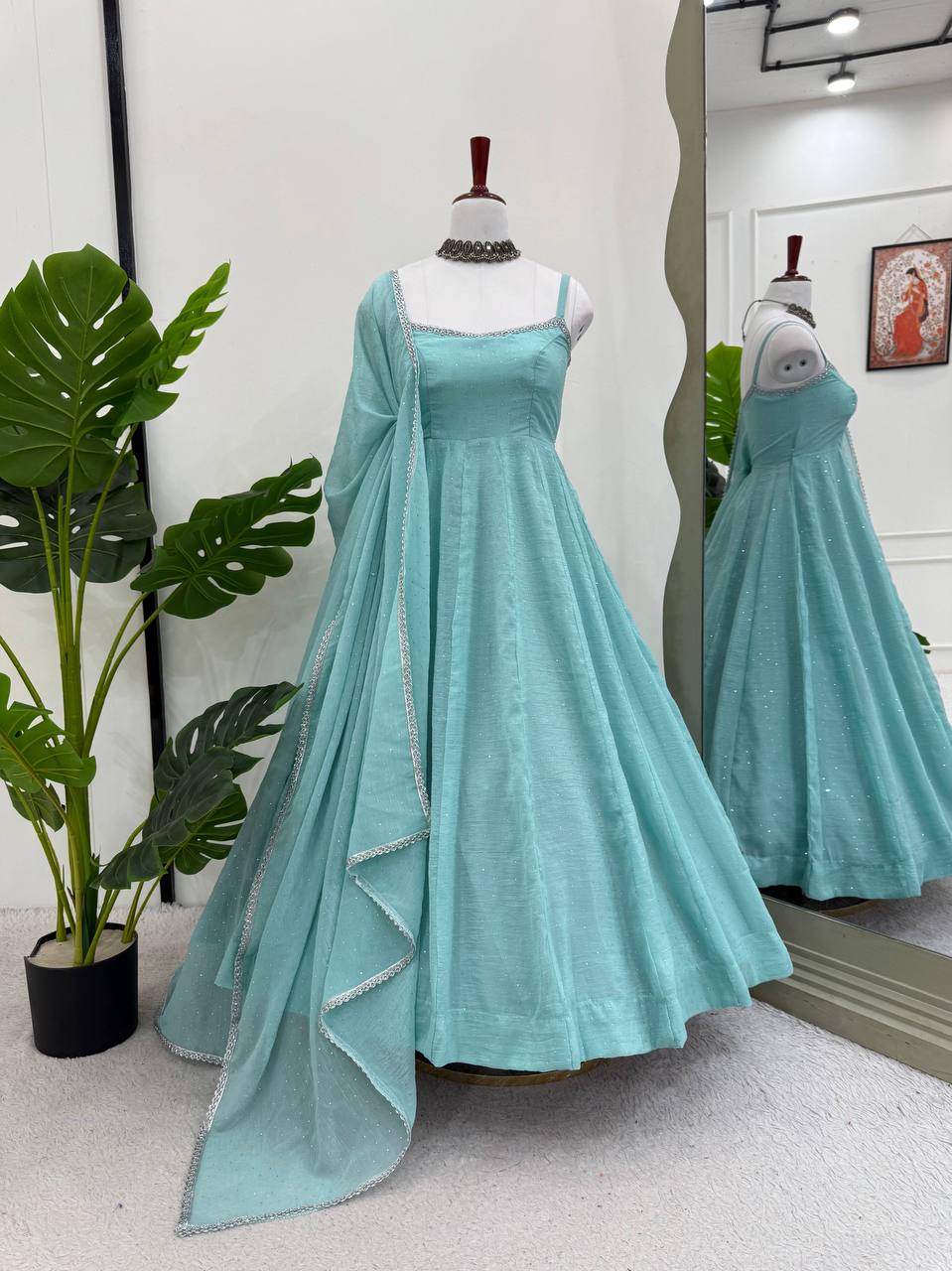 Prazu Fashion Sky Blue Art Silk Hotfixing Designer Anarkali Suit
