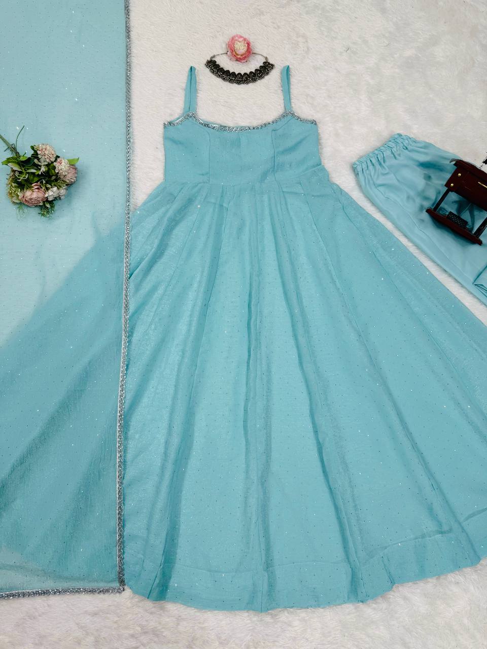 Prazu Fashion Sky Blue Art Silk Hotfixing Designer Anarkali Suit
