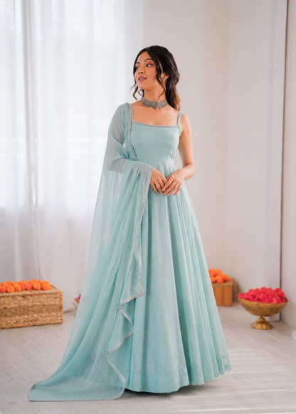 Prazu Fashion Sky Blue Art Silk Hotfixing Designer Anarkali Suit