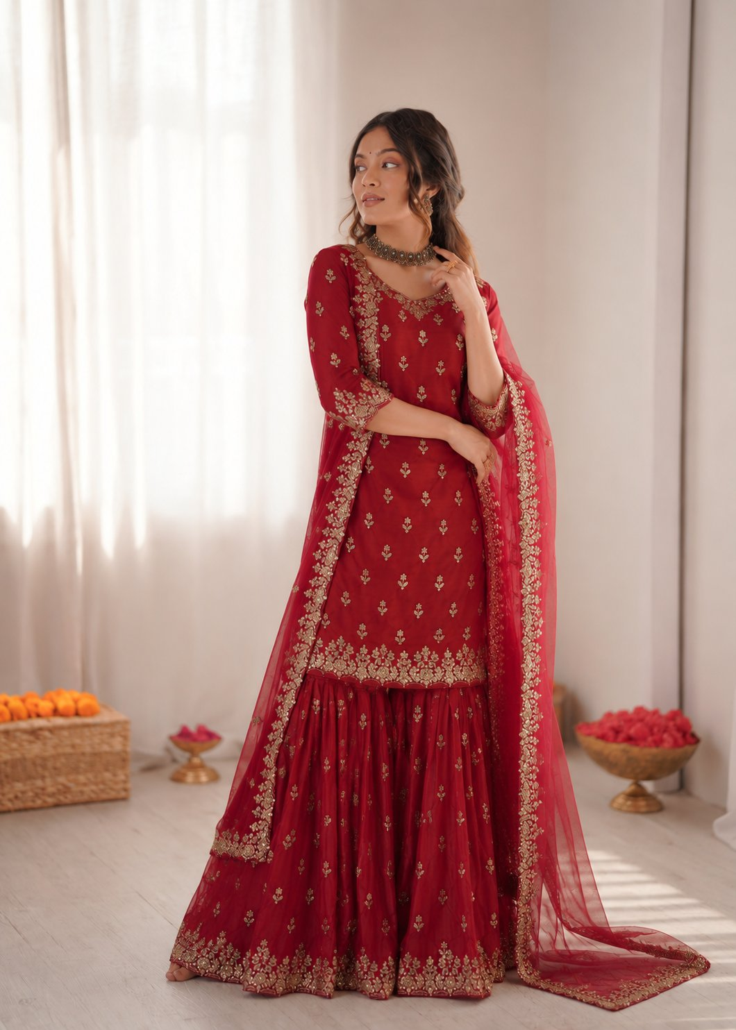 Prazu Fashion Maroon Chinon Silk Thread With Sequence Designer Sharara Suit
