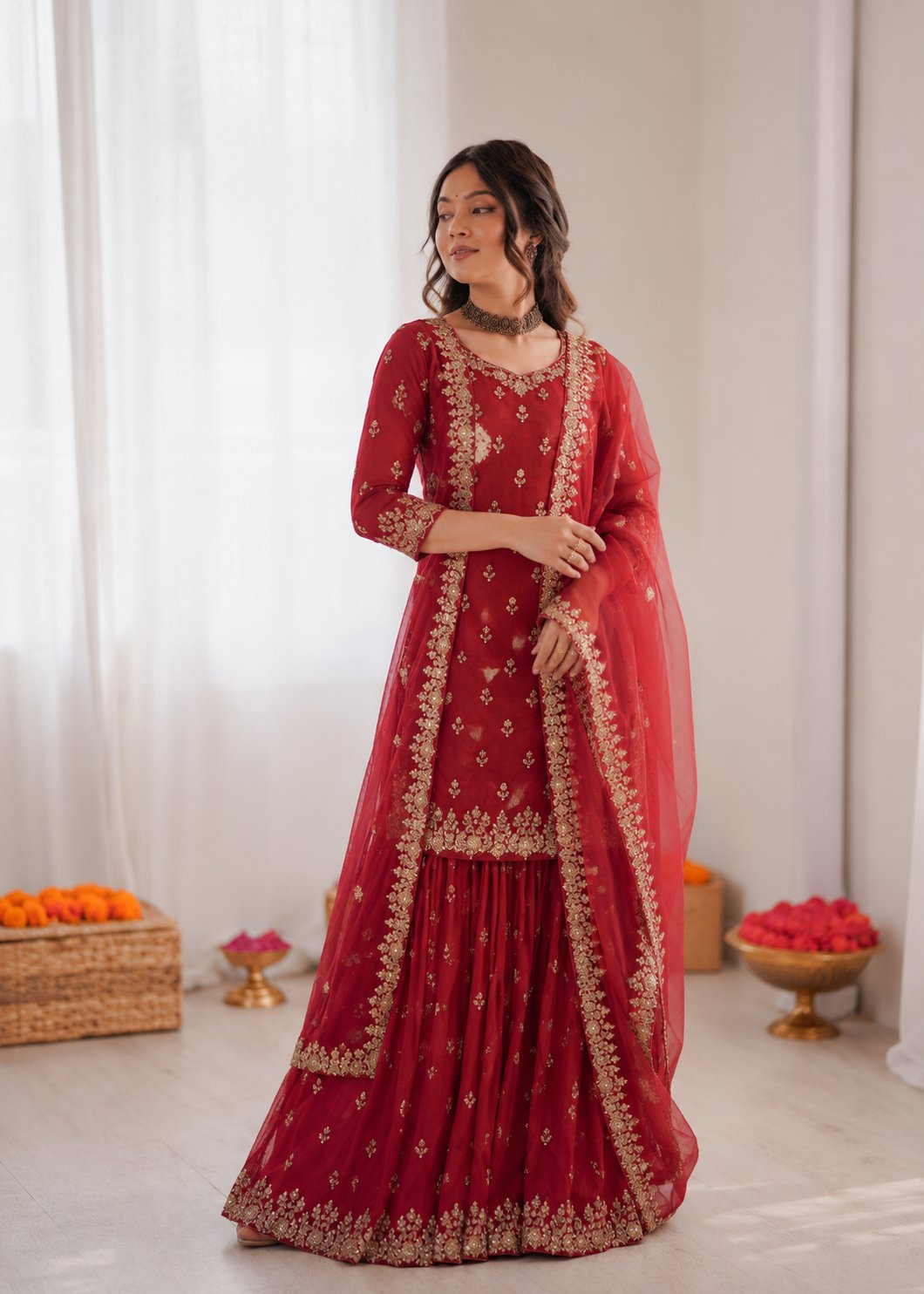 Prazu Fashion Maroon Chinon Silk Thread With Sequence Designer Sharara Suit