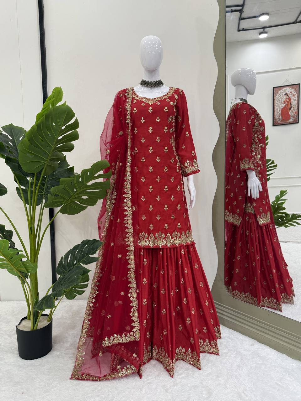 Prazu Fashion Maroon Chinon Silk Thread With Sequence Designer Sharara Suit