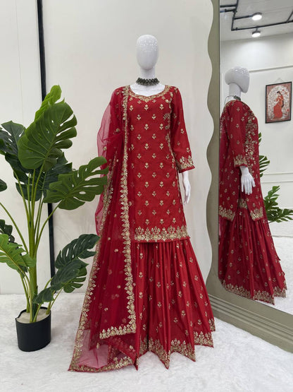 Prazu Fashion Maroon Chinon Silk Thread With Sequence Designer Sharara Suit