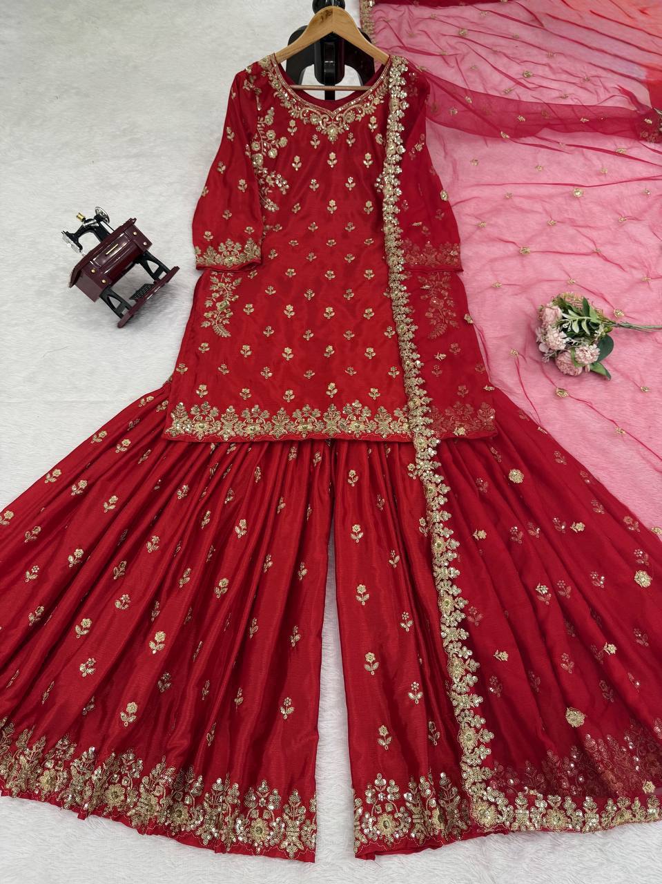 Prazu Fashion Maroon Chinon Silk Thread With Sequence Designer Sharara Suit